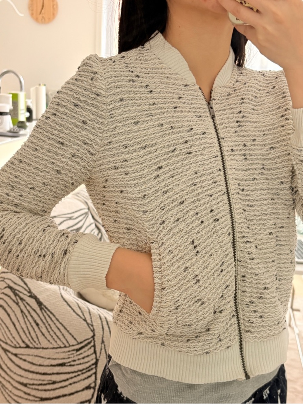 Mango Textured Cream Bomber Jacket with Speckle Knit